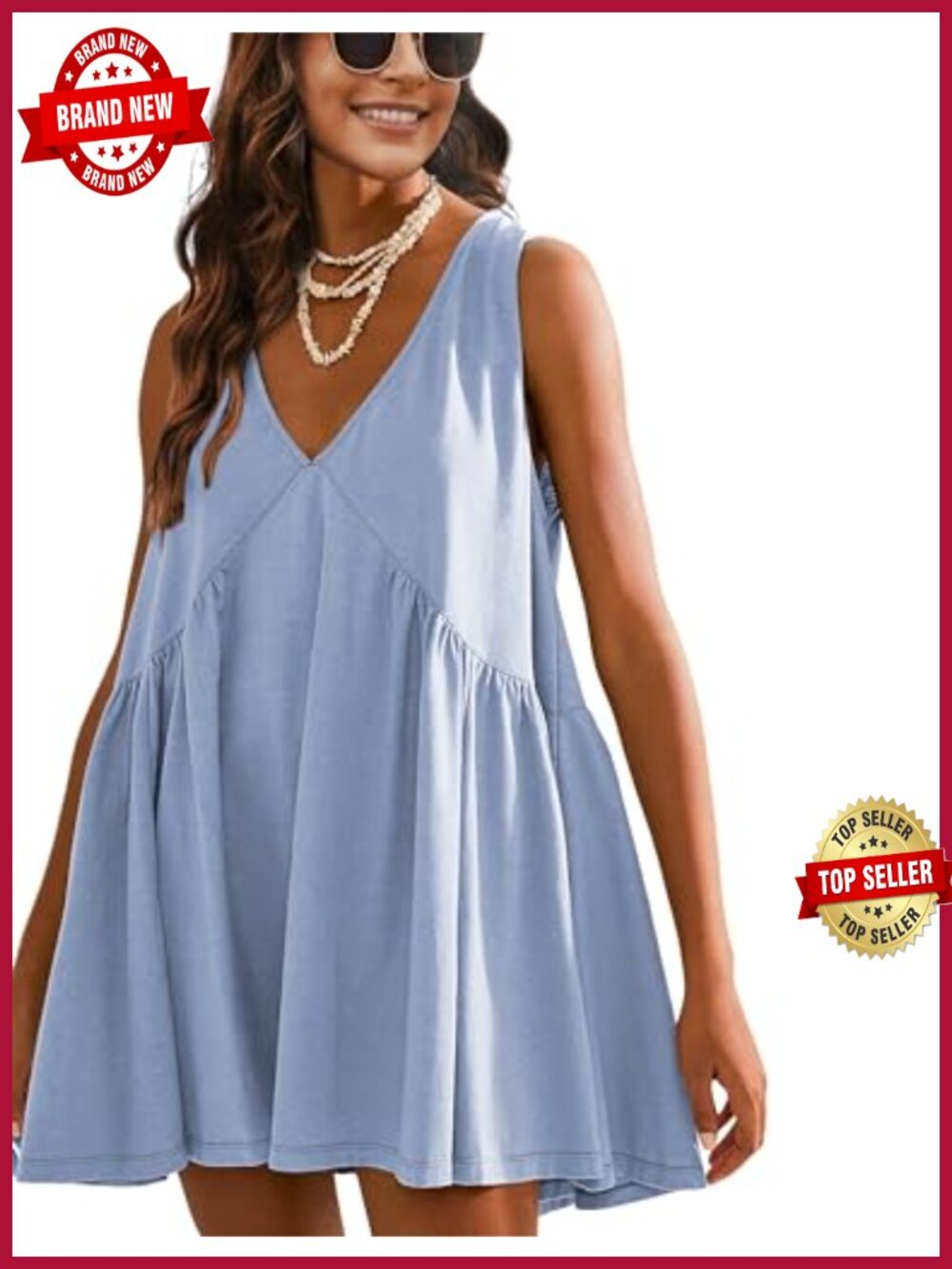 Sleeveless Mini Dress Casual Loose V Neck Sundress with Pockets